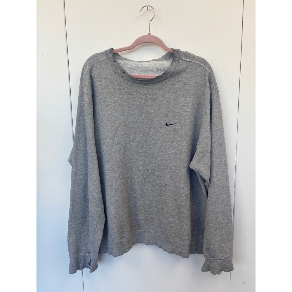 Vintage 90s‎ Nike Swoosh Logo Heather Grey Embroidered Sweatshirt XL Distressed